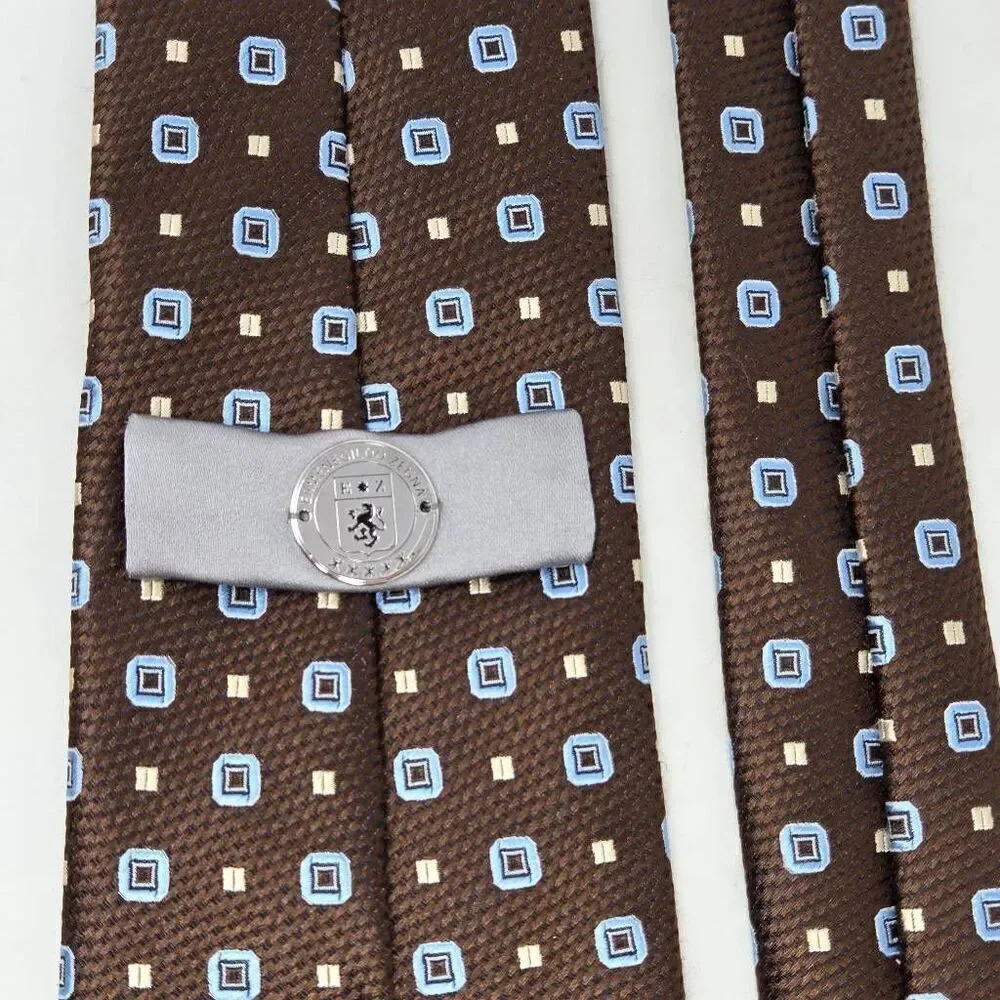 ERMENEGILDO ZEGNA SILK TIE BROWN GEOMETRIC LUXURY SATIN 3.5